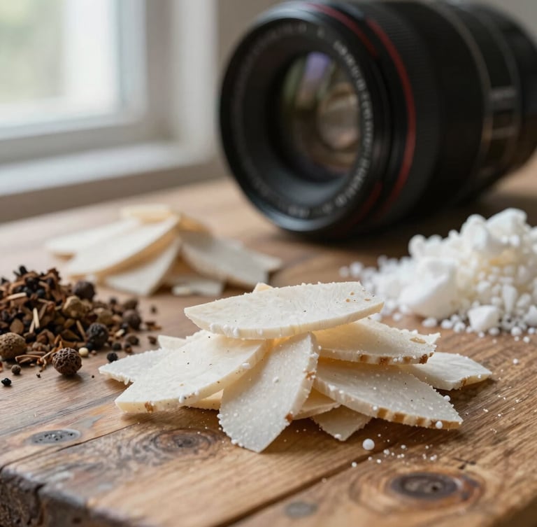 Close-up macro shot of raw artisanal ingredients on a rustic wooden table, soft natural Scandinavian light, diffused side window illumination.