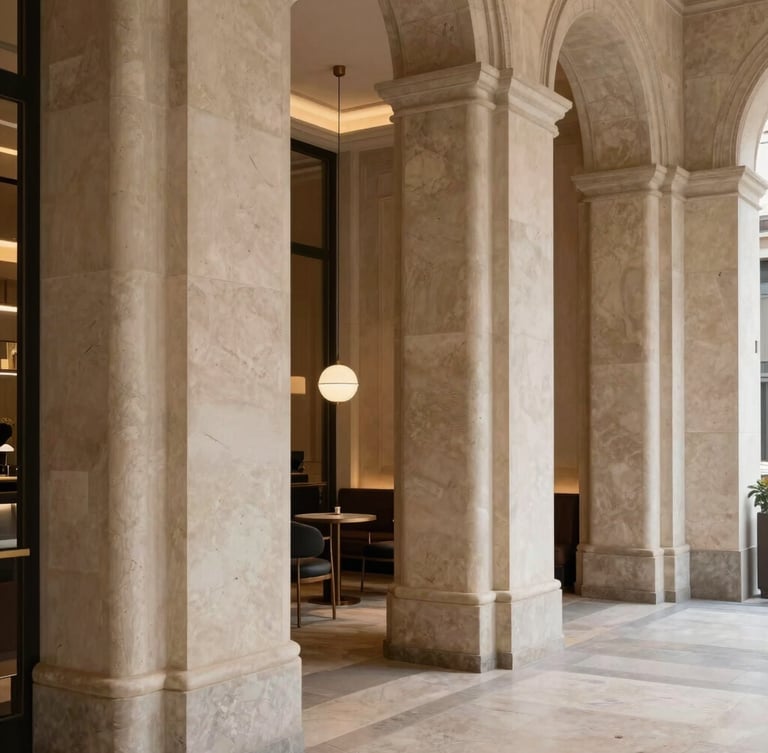 Warm architectural photography of a boutique hotel lobby in Milan, elegant travertine stone columns, soft ambient lighting, 35mm