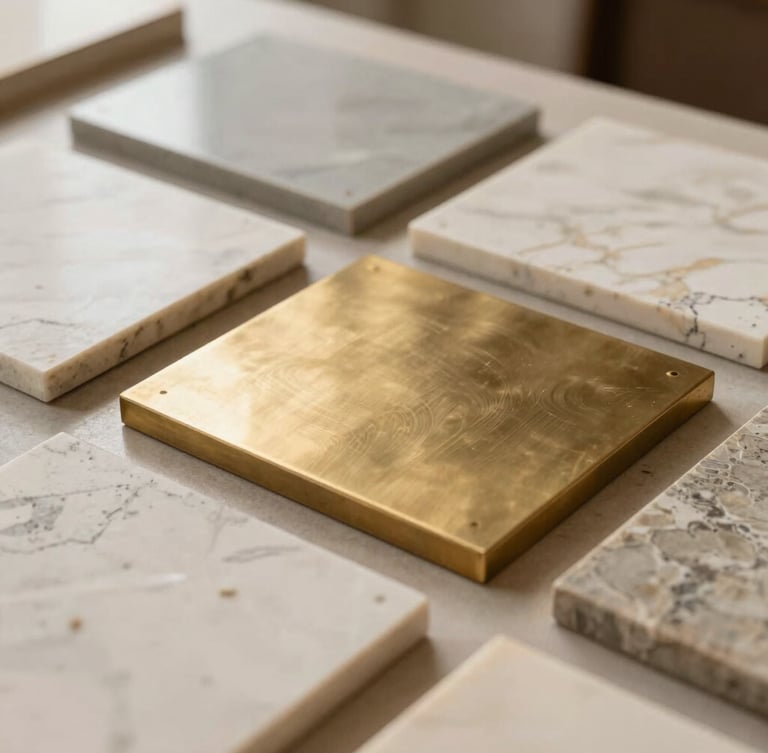Detail of high-quality brushed brass and travertine stone samples on an architect's desk, soft natural north-facing daylight, warm architectural photography, 35mm