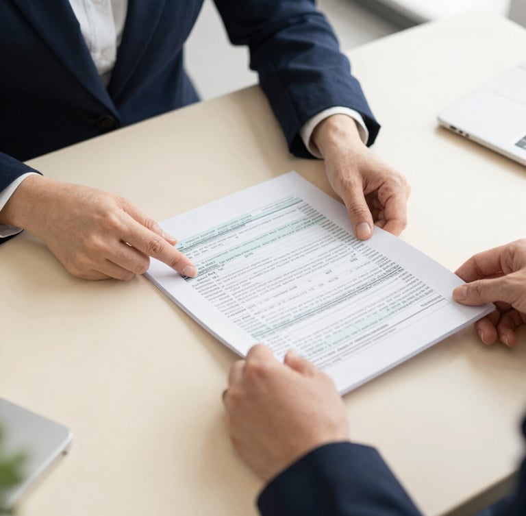 Clean editorial photography of hands reviewing structured tax documents on a warm cream desk, bright natural office light, professional navy tones, sharp focus, 35mm