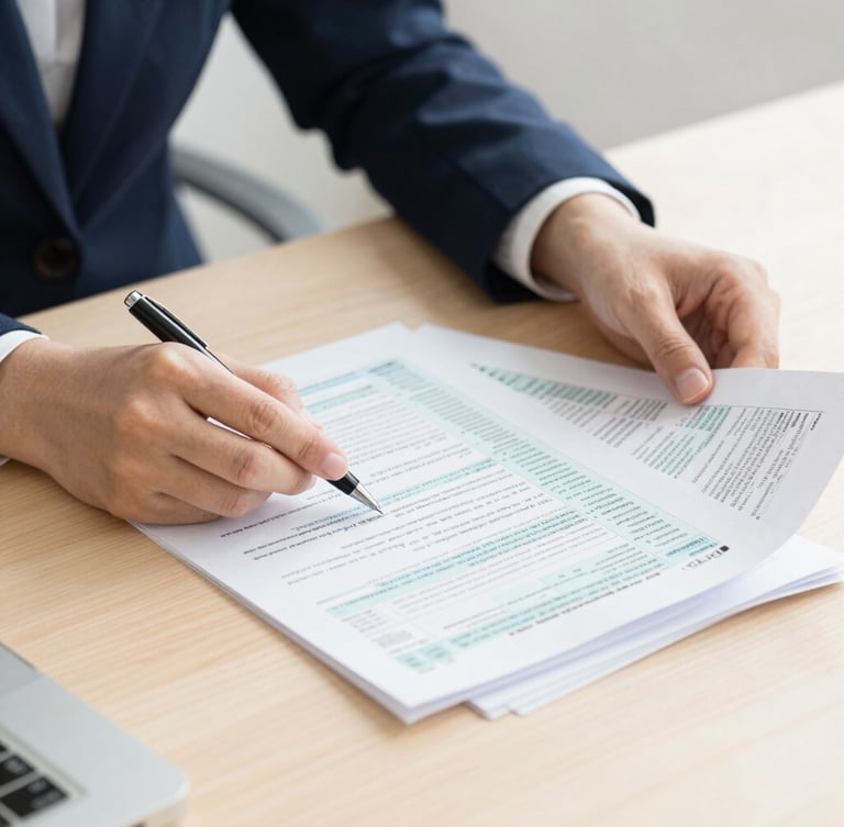 Close-up of hands reviewing neat paper tax documents with a pen on a clean wooden desk, bright natural light, 35mm