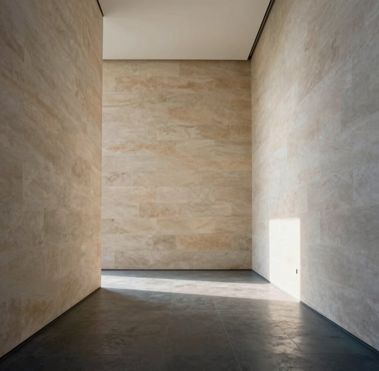 Wide-angle architectural shot of a minimalist gallery interior with tall limestone walls, soft natural daylight casting gentle shadows, clean geometric symmetry.