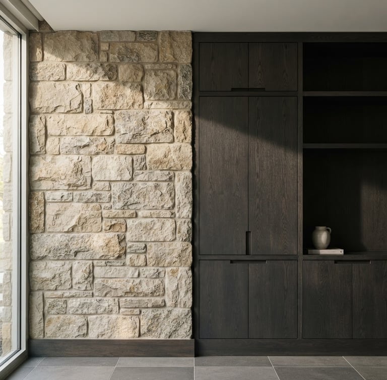Straight-on architectural elevation of a minimalist stone wall meeting dark custom millwork, natural side daylight casting soft shadows, tactile textures, Hasselblad medium format.