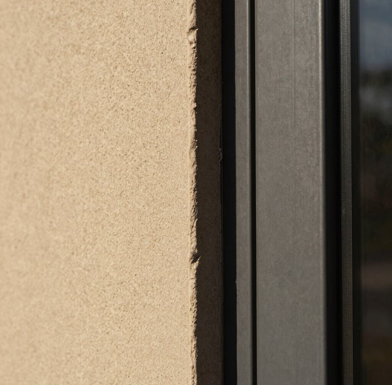 Macro shot of a hand-applied lime plaster finish meeting a dark steel door frame, warm stone and charcoal tones, sharp focus.