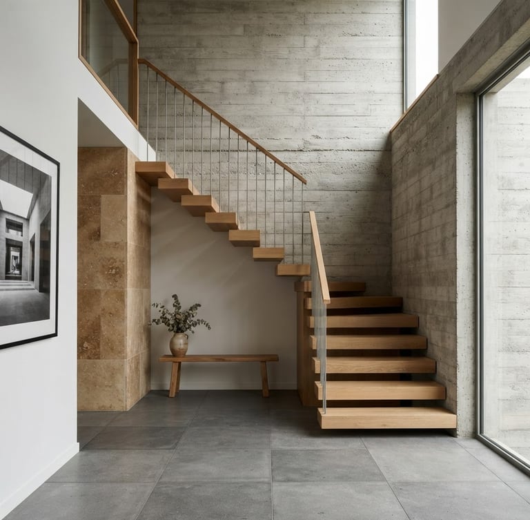 Straight-on architectural elevation of a minimalist concrete and oak interior, natural side-lighting casting soft shadows, tactile limestone textures, Hasselblad medium format