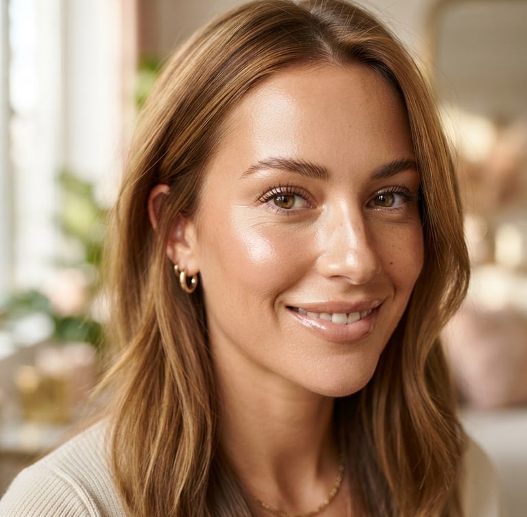 A close-up portrait of a woman with flawless, natural skin texture, soft-focus background, warm diffused sunlight from a window, bright editorial beauty photography style.
