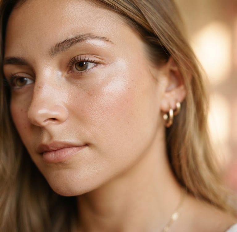 Close-up of clean skin texture with soft-focus background, warm gold tones, bright diffused natural daylight, 85mm lens