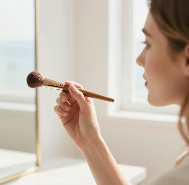A professional female beauty artist in a sunlit, minimalist Clearwater studio interior, holding a clean makeup brush, soft diffused natural daylight, warm gold highlights