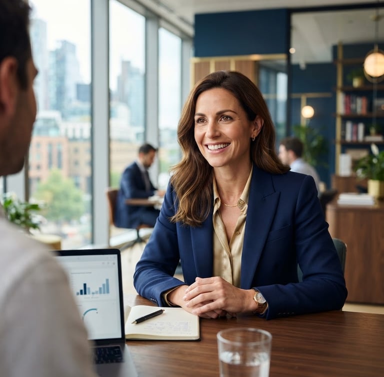 A professional candidate in a bright, modern corporate office, natural daylight, soft shadows, focused and smiling, high-end editorial corporate photography