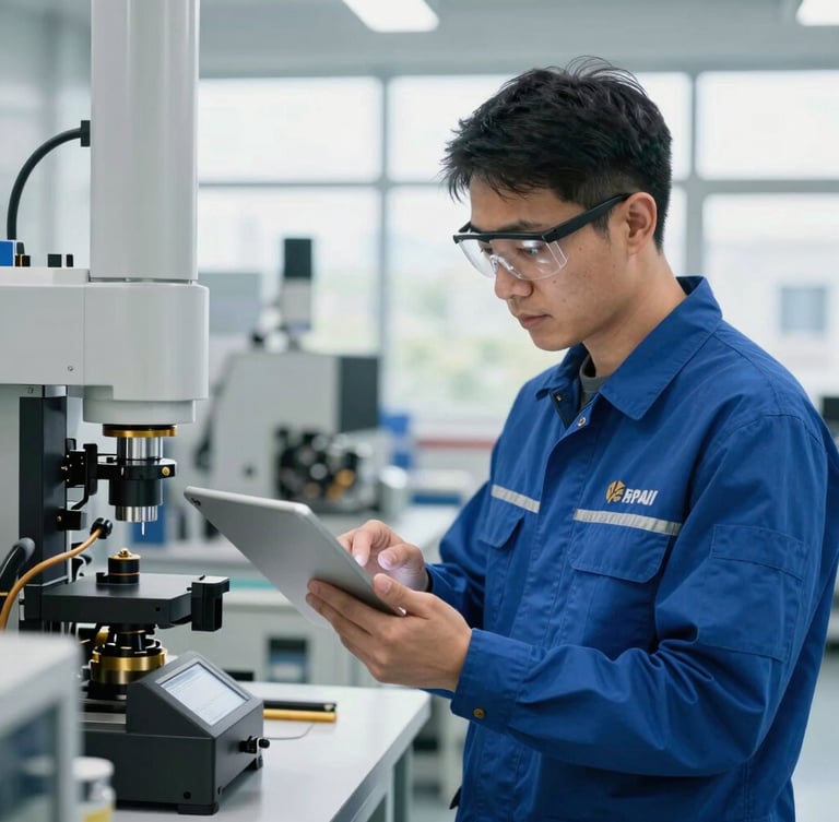 A professional manufacturing engineer in a clean modern facility, wearing safety glasses, checking a digital tablet under bright daylight