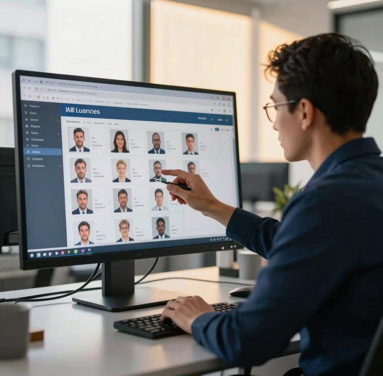 Side view of a hiring manager reviewing candidate profiles on a large monitor in a bright slate-grey corporate office, golden sunlight filtering through windows.