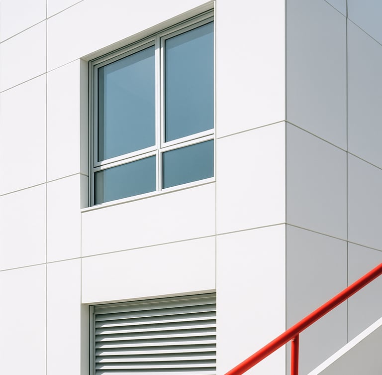 Bright minimalist photography, clean architectural detail of a modern white office building facade, sharp geometric lines, soft natural daylight, 35mm