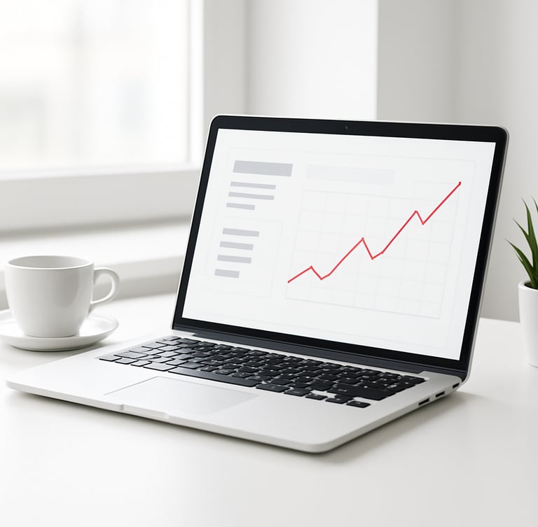 Bright minimalist photography, clean white workspace, soft natural daylight, a sleek silver laptop displaying a clean financial dashboard with a red line chart, sharp focus, 35mm