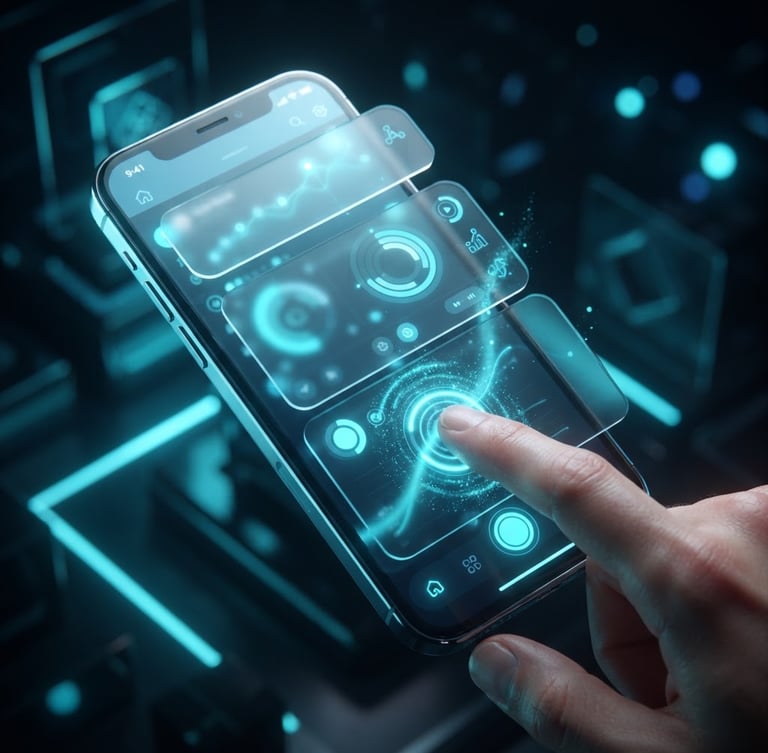 Sleek 3D digital render of a smartphone displaying an active app interface, glowing neon cyan accents, glassmorphism, isometric perspective, octane render, dark background, hand interacting with touchscreen, tight macro crop.