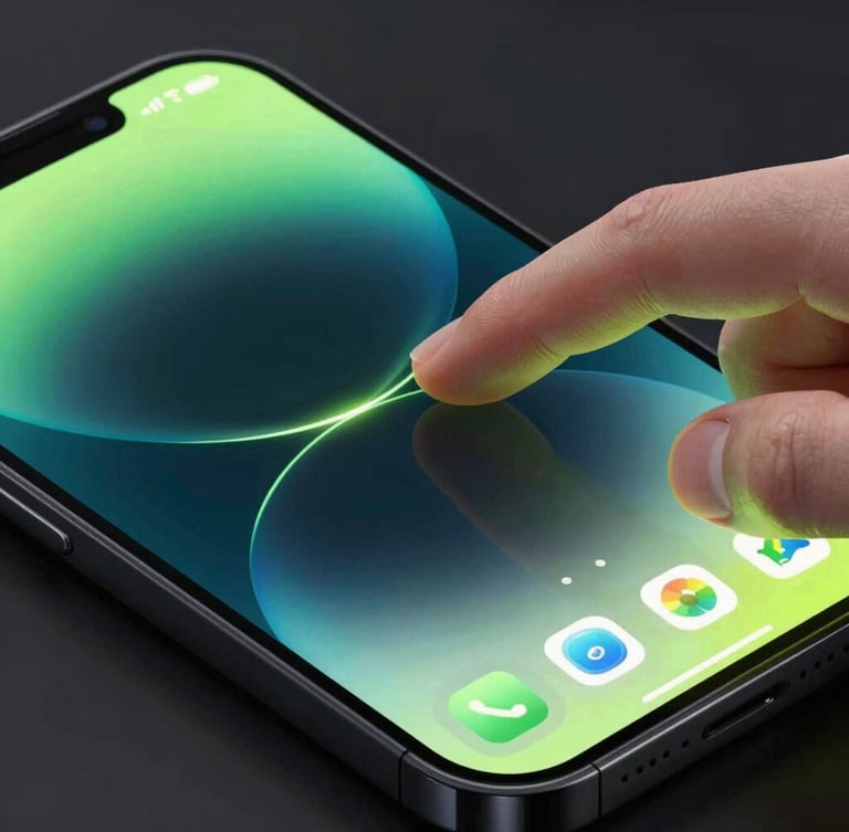 Close-up macro shot of a smartphone displaying an active app interface, a finger interacting with a clean touchscreen, dynamic isometric angle, high-contrast studio lighting with neon cyan and lime rim lights reflecting off the glass surface, sleek 3D digital render, dark background, glassmorphism, octane render.