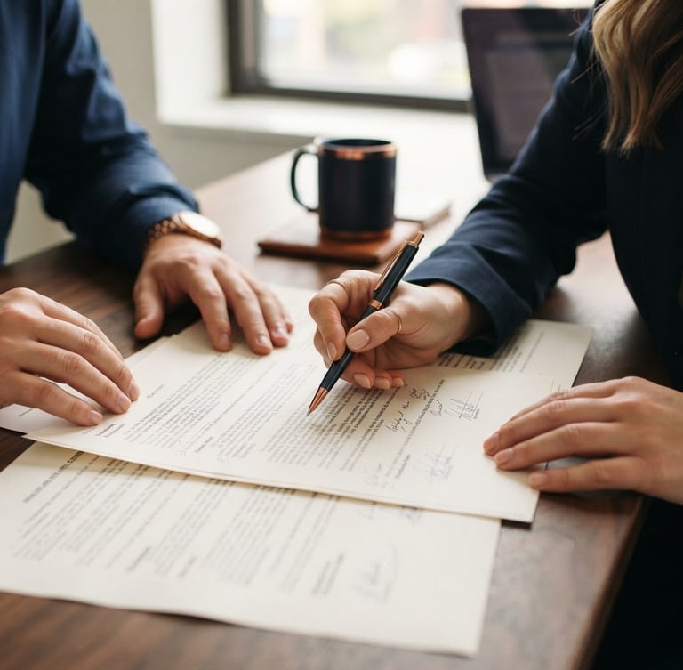 Close-up of hands reviewing financial contracts with a pen on a modern office desk, warm editorial photography, soft natural office light, deep navy and copper tones, shallow depth of field