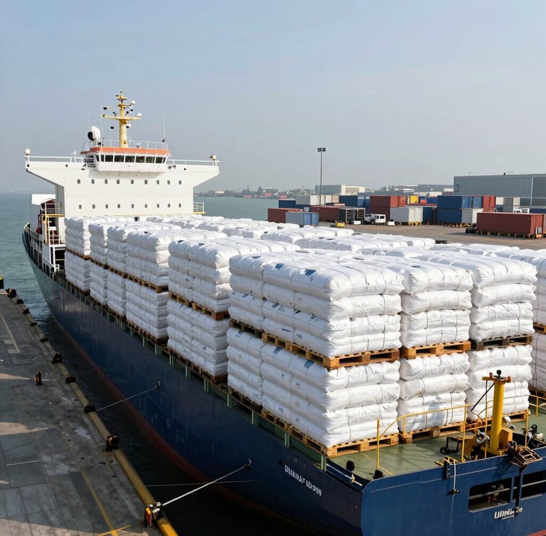 Wide-angle shot of a cargo vessel being loaded with standardized pallets of white grow bags at a modern industrial shipping port, bright daylight, high-contrast maritime setting.