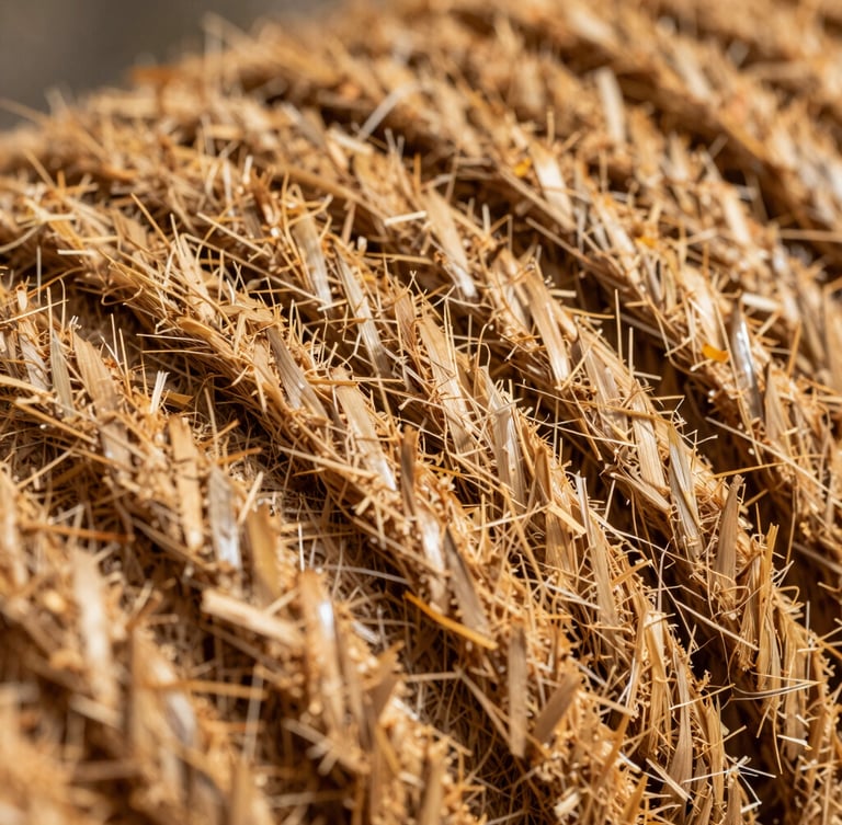 Close-up of premium processed coir fiber texture, dry golden-brown strands cleanly aligned, industrial macro shot under bright daylight.
