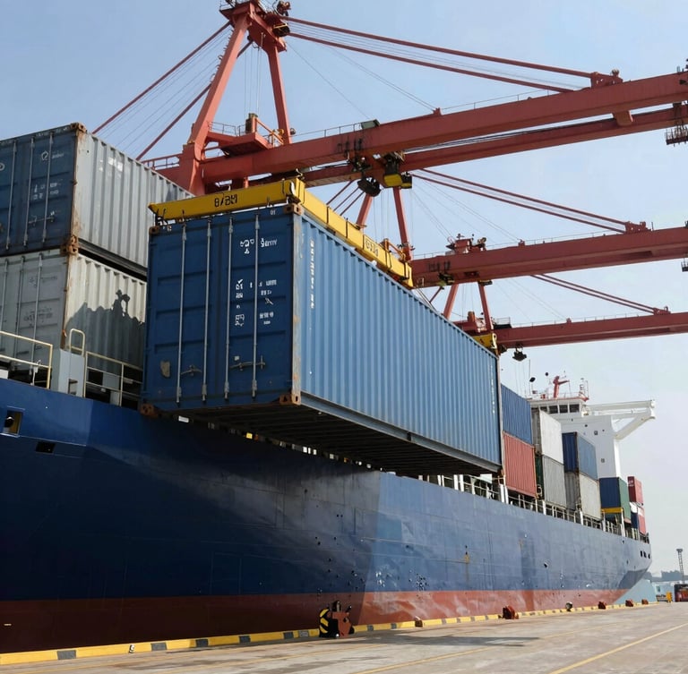 Industrial shipping container being loaded onto a cargo vessel at a bustling harbor, bright daylight, high-contrast maritime setting.