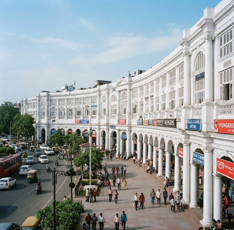 Sharp architectural view of Connaught Place business district in Delhi, clean lines, bright natural office light, professional cool tones, 35mm.