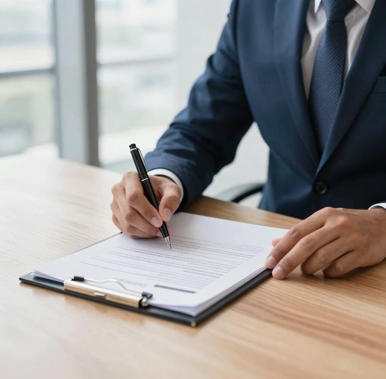 A professional consultation in a bright, modern Delhi office, close-up on signed compliance documents on a wooden table, soft natural office light, 35mm