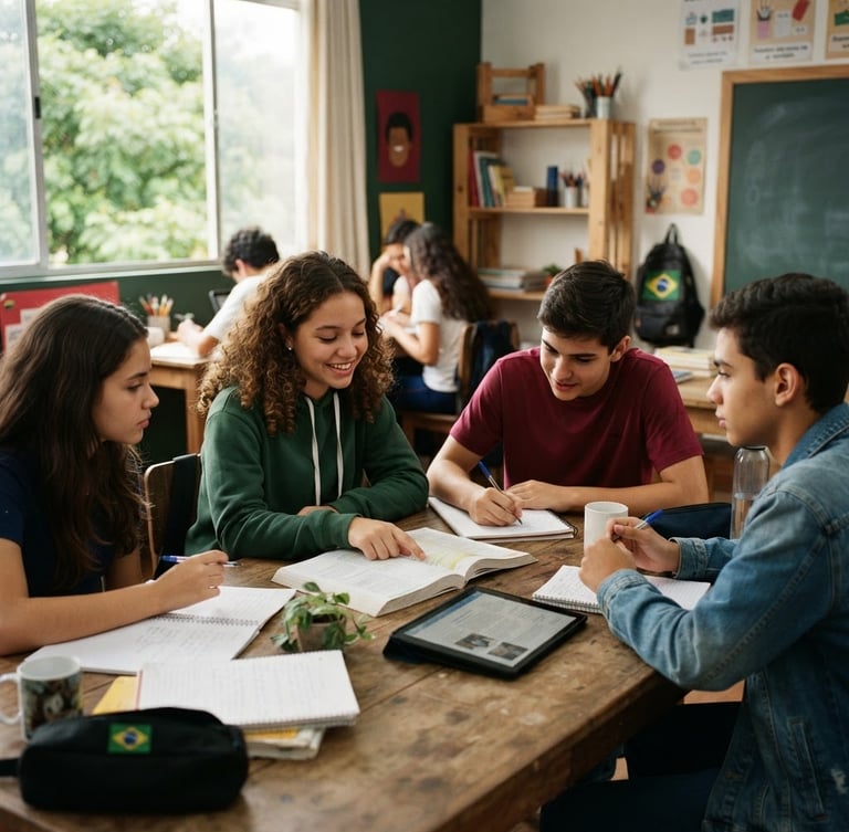 Soft natural daylight illuminating a modern Brazilian classroom, high-school students collaborating around a wooden table, warm green and crimson accents, shallow depth of field, 35mm