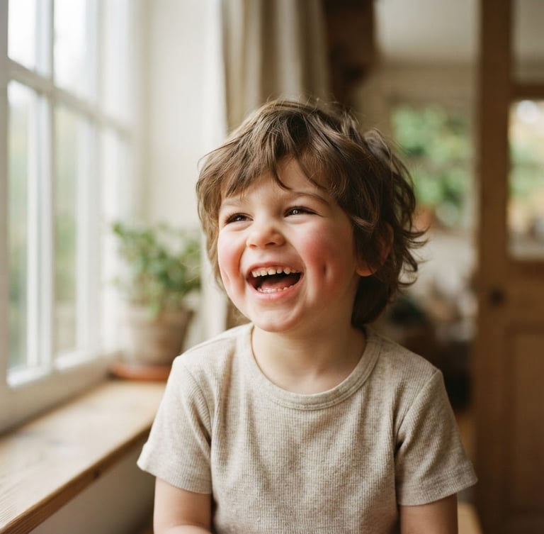 Close-up of a child laughing while wearing an oatmeal organic cotton t-shirt, soft morning window light, warm editorial photography style, 35mm