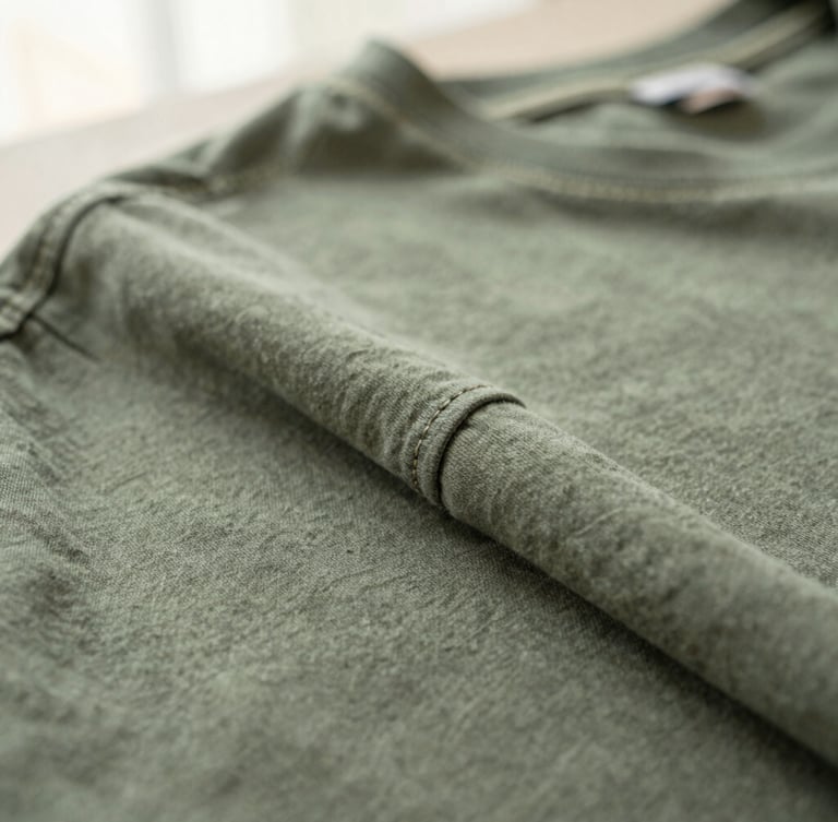 Macro close-up of perfectly intact double-stitched seams on a well-worn sage green cotton t-shirt, showing tactile fabric texture, soft morning side-light, shallow depth of field