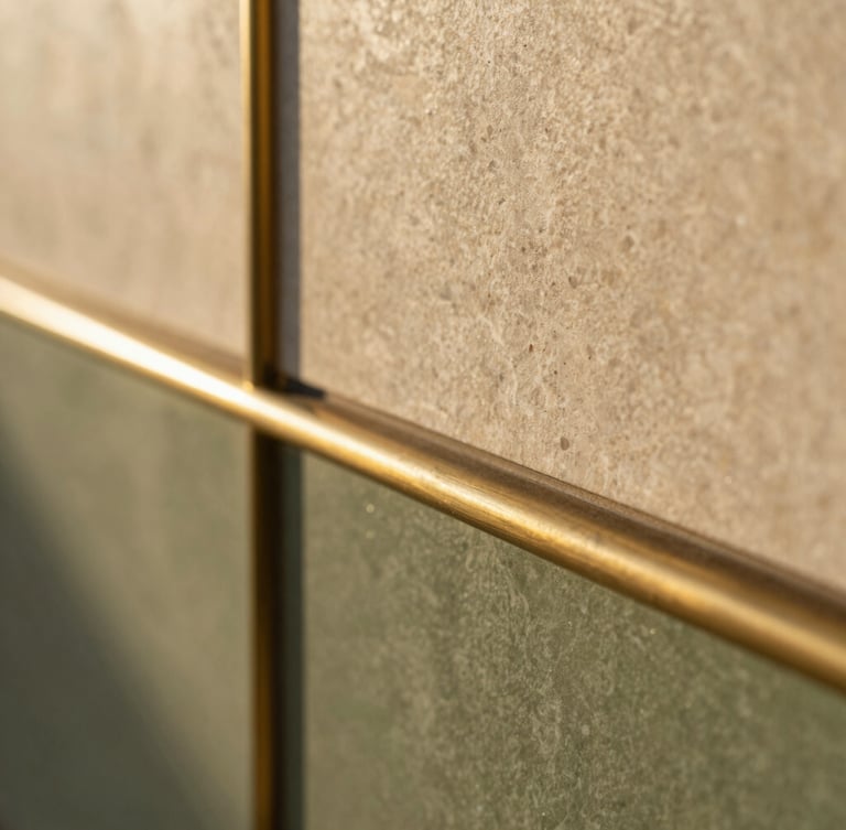 Tactile macro shot of premium architectural finishes, natural stone and brushed brass detailing, warm morning light, shallow depth of field.