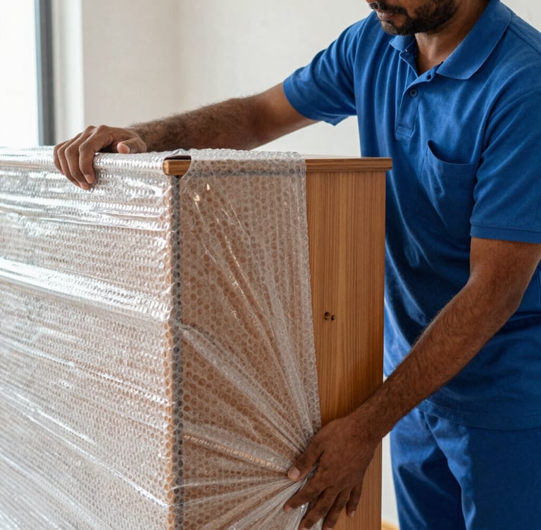 Close-up action shot of a professional mover in a blue Ganpati uniform wrapping a wooden cabinet in heavy-duty three-layer bubble wrap and corrugated sheets, bright natural indoor lighting.