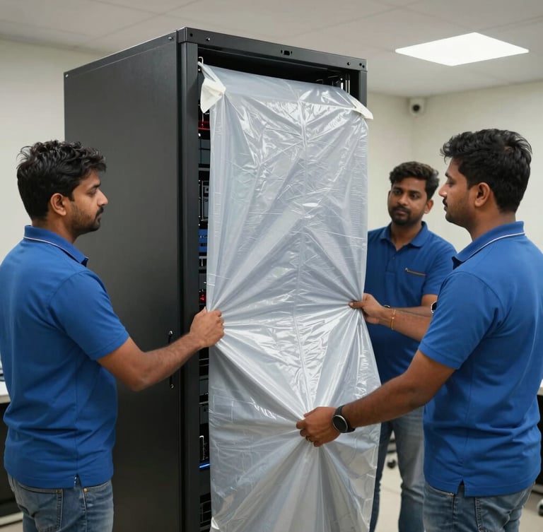 Medium action shot of Ganpati crew members in blue uniforms wrapping a server rack in heavy-duty protective sheets inside a well-lit office.