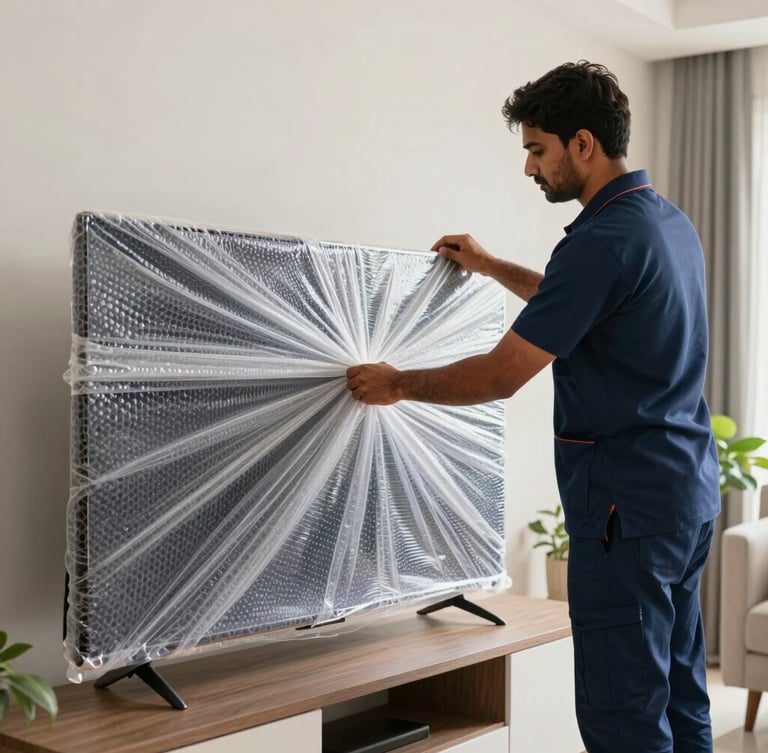 A professional Ganpati Packers mover in a clean navy blue uniform carefully wrapping a large flat-screen television in multi-layer shockproof bubble wrap inside a modern Indian home, bright natural daylight.