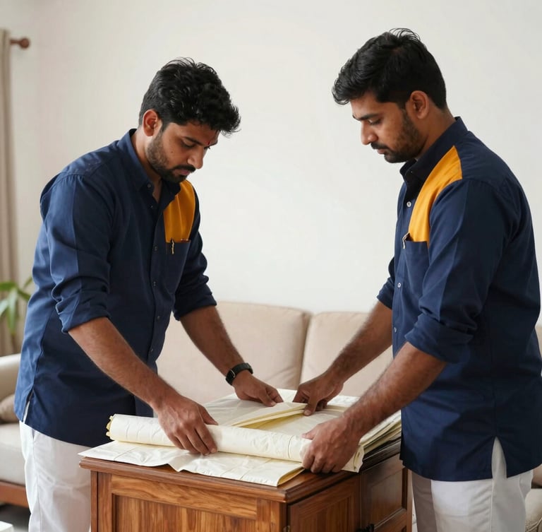 Medium shot of two clean-cut crew members in matching navy blue and saffron Ganpati uniforms carefully wrapping a wooden cabinet in thick protective sheets inside a bright home.