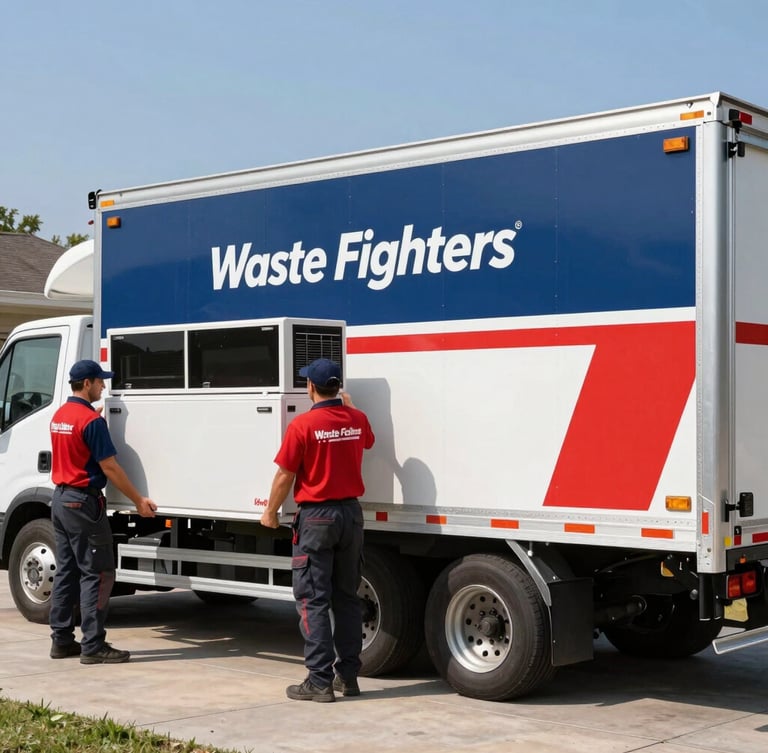 A clean branded Waste Fighters trailer parked on a driveway, crew members lifting a heavy appliance efficiently, high-contrast red accents, crisp daylight, 35mm lens