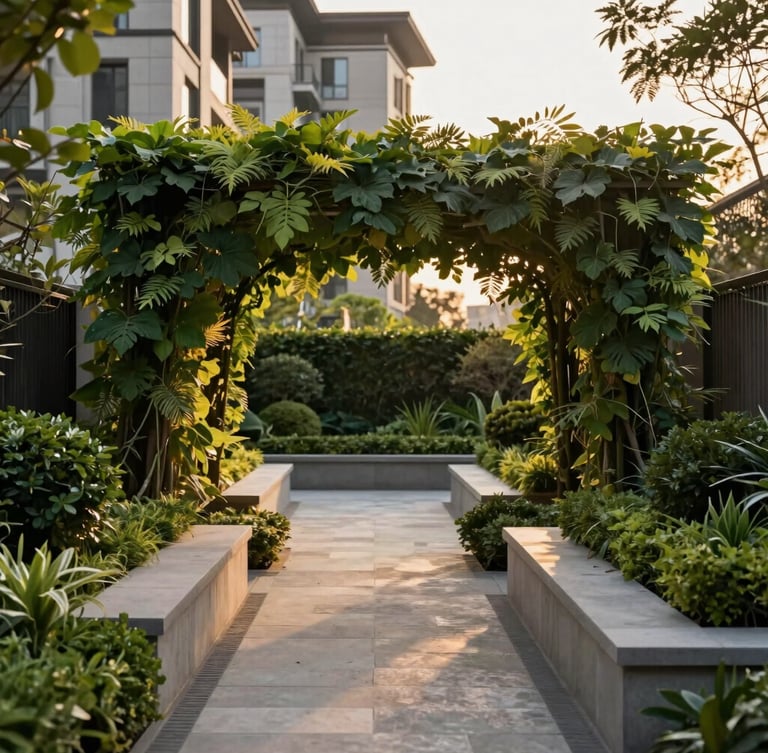 A manicured garden terrace with structural stone pathways and lush living canopy, framed against a modern architectural estate backdrop, golden hour.