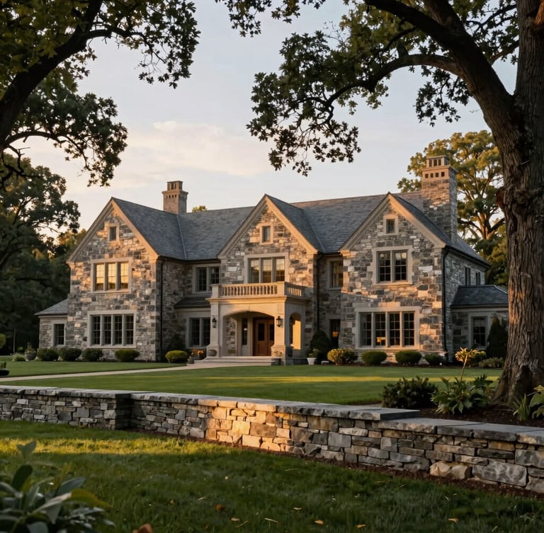 Wide architectural elevation of a massive stone estate in Connecticut at golden hour, hand-dressed granite retaining walls, mature oak trees framing the lawn, soft diffused light.