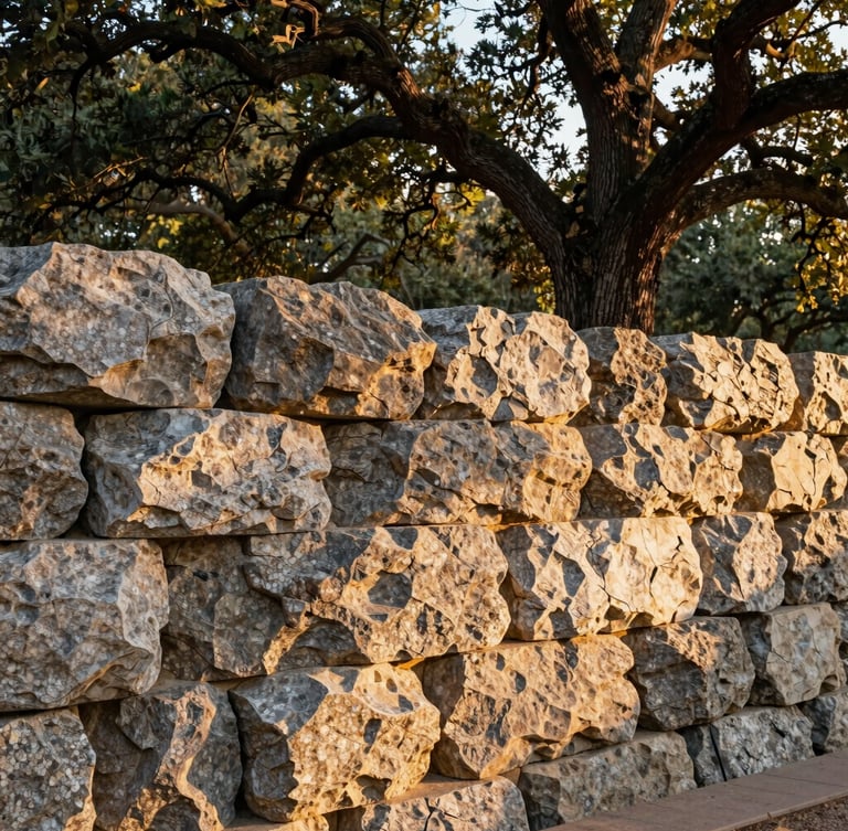 A massive hand-dressed granite retaining wall framing a mature oak grove, soft golden-hour light highlighting the stone textures, 35mm photography