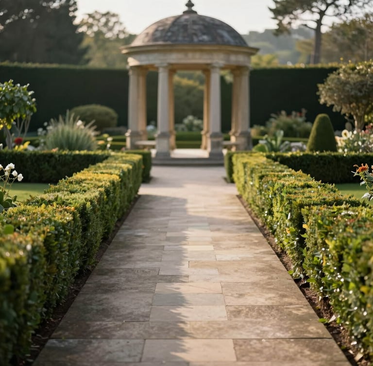 A manicured formal garden path lined with mature boxwoods and limestone pavers, leading to a classical stone pavilion, soft diffused morning light, 35mm