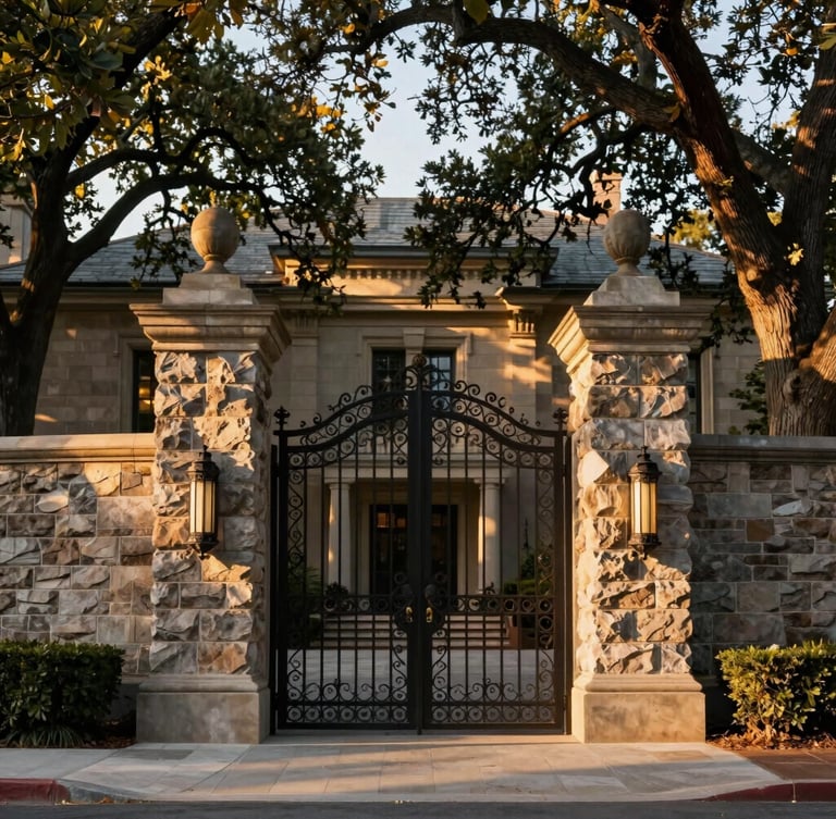 A grand estate entrance in Westchester featuring massive structural masonry pillars and custom wrought-iron gates, framed by mature oak trees at golden hour.