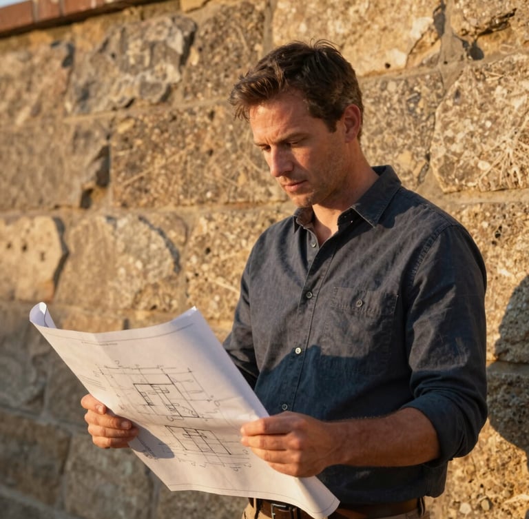 A portrait of Matthew Patrick Smith, a refined builder in his 40s, consulting architectural blueprints on-site at golden hour, sharp focus, rich natural stone texture in background, 35mm photography