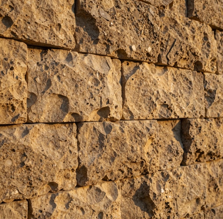 Close-up of hand-dressed limestone masonry on a massive retaining wall, rich natural textures, deep contrast, warm golden-hour light, 35mm.