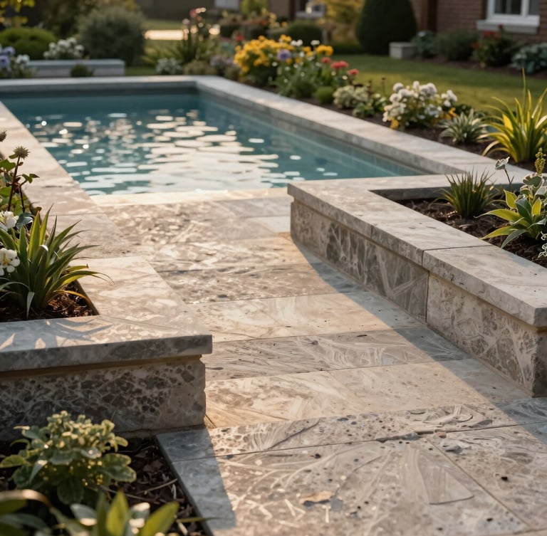 A sprawling limestone pool terrace in Greenwich, Connecticut, showcasing seamless transitions between heavy civil engineering and delicate horticultural borders.
