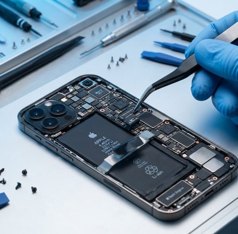 Macro shot of a smartphone interior, precise tools replacing a battery under cool blue studio lighting, high detail, sharp focus on hardware