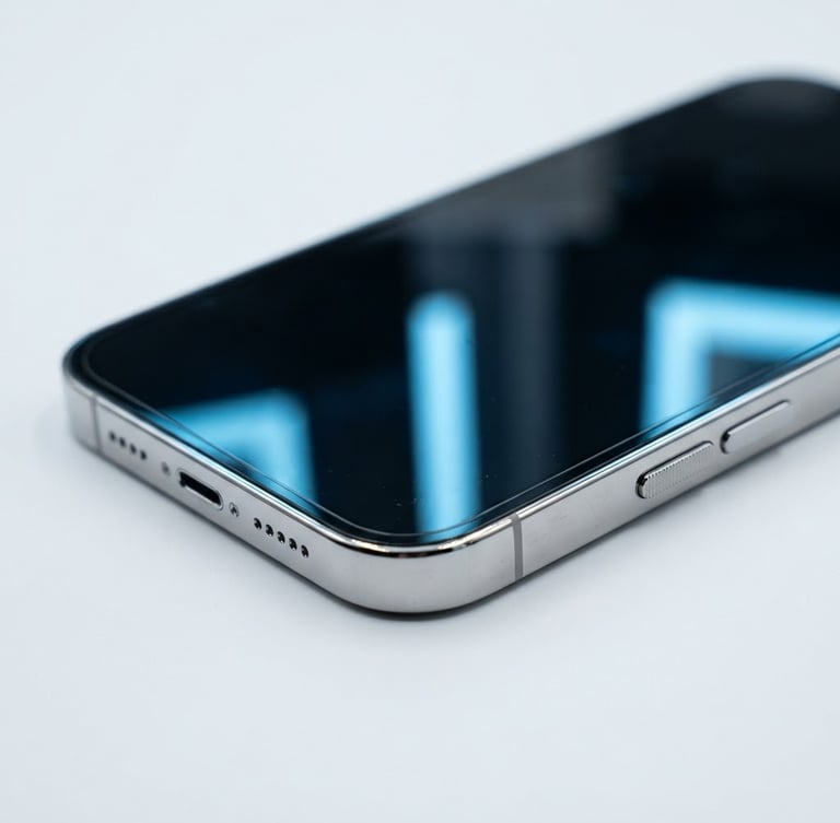 Macro shot of a pristine smartphone screen reflecting bright cool blue highlights, sharp focus on polished metallic edges, clean studio background