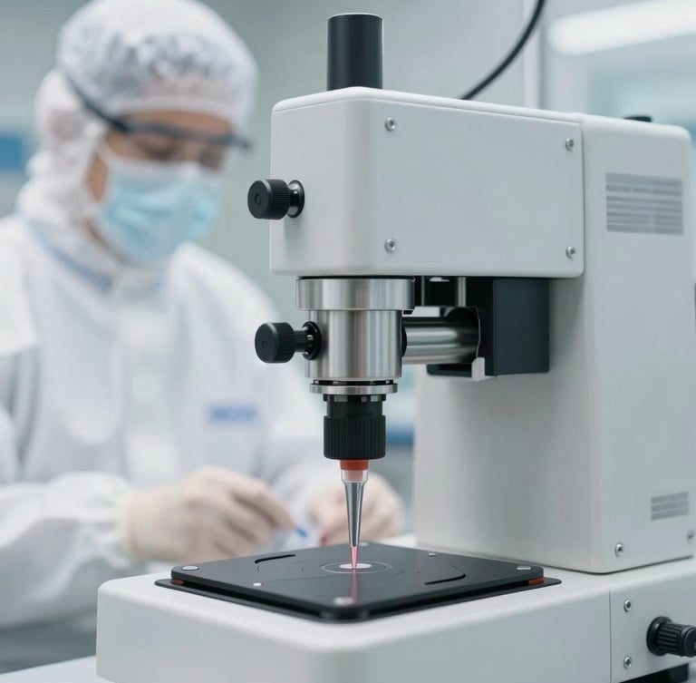 Close-up of a high-precision cosmetic filling machine in a sterile cleanroom, bright white lighting, technician in sterile white PPE blurred in the background.
