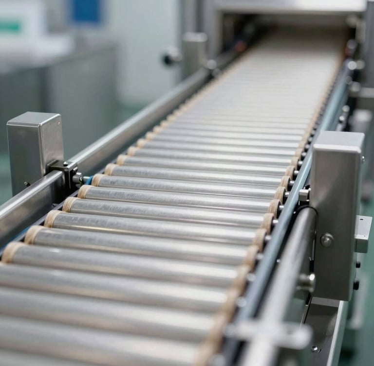 Macro shot of a sterile stainless steel conveyor belt in a modern meat processing facility, bright clinical lighting, sharp focus on clean metal textures.