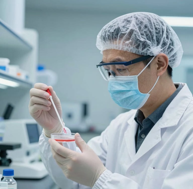 A technician in a white cleanroom coat and hairnet holding a petri dish, conducting a swab test in a clinical laboratory, bright blue sterile lighting.