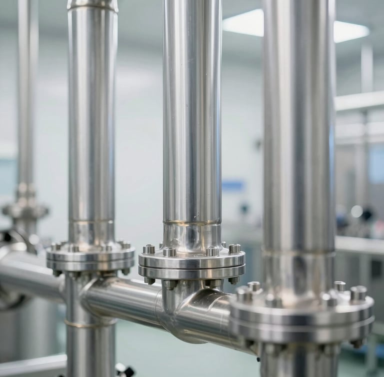 Macro shot of gleaming stainless steel industrial pipes in a sterile food processing plant, bright clinical white lighting, sharp focus on clean metal surfaces, high-key atmosphere.