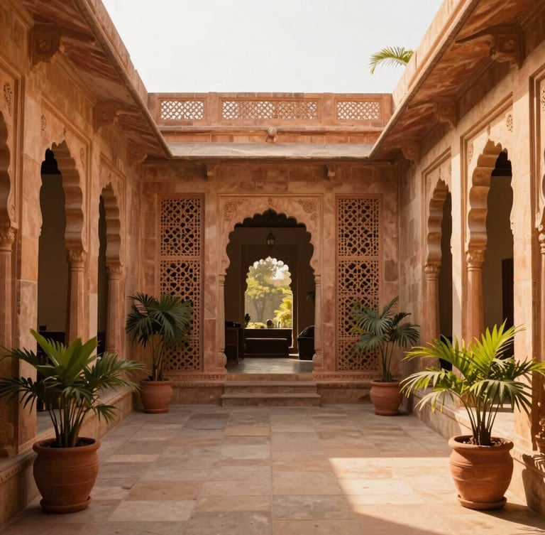 A sun-drenched central courtyard of a boutique hotel in Jaipur, featuring stone-carved jali screens, terracotta pots with green plants, and warm morning light.