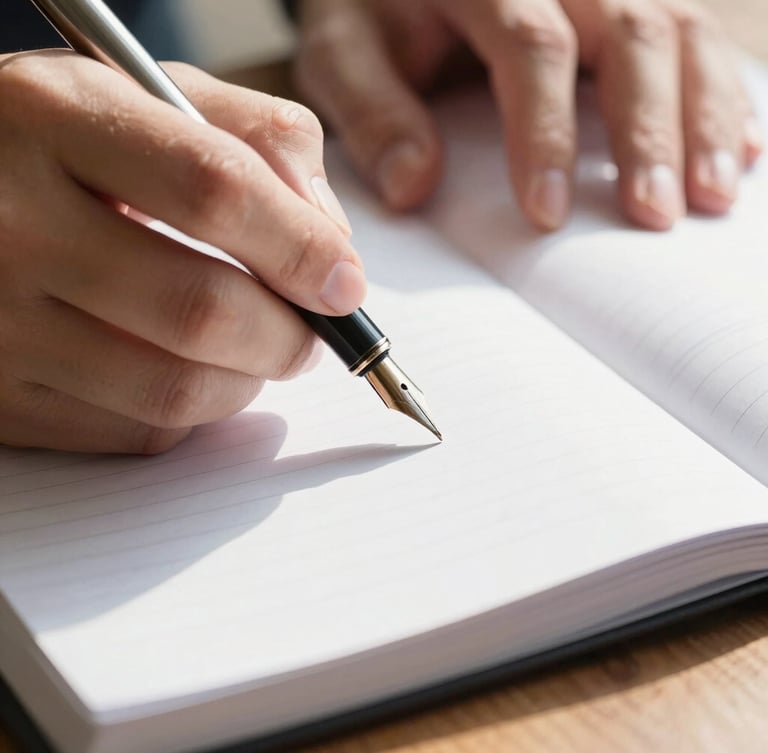 Macro close-up of hands holding a fountain pen over a clean paper ledger on a wooden table, soft morning light filtering through a window.